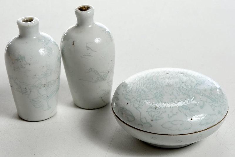 Pair of Incised Celadon Snuff Bottles and Jarlet (1 of 6)