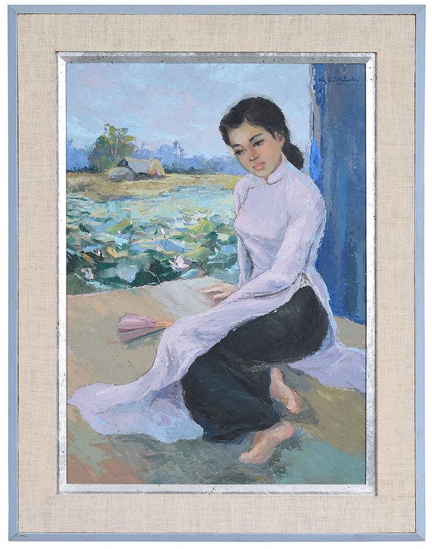 Nguyen Tri Minh: (Vietnamese, 1924-2010) - Lotus Rose, 1958, signed upper right "Ng Tri Minh" and signed and inscribed verso, oil on Masonite, 30-1/8 x 21-3/4 in; original painted frame, with silver gilt sight liner,