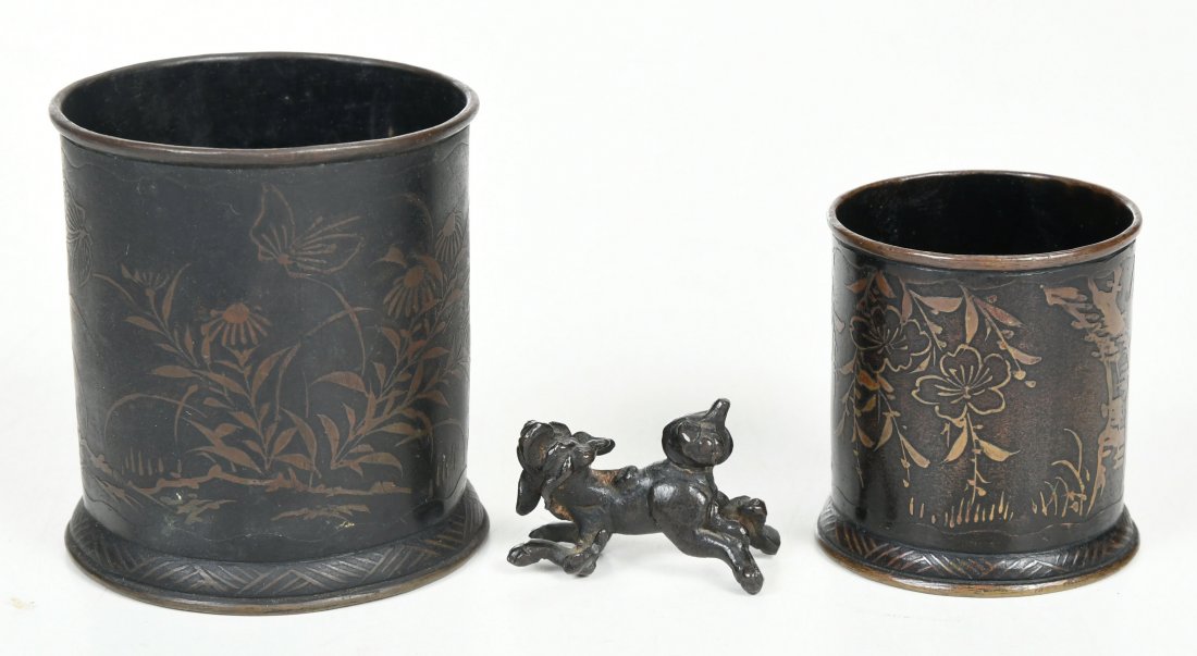 Two Japanese Bronze Brush Pots and Figure (1 of 13)