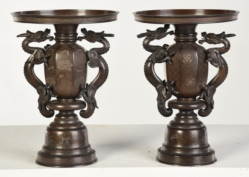Pair Japanese Inlaid Bronze Ikebana Usabata Vases (1 of 8)