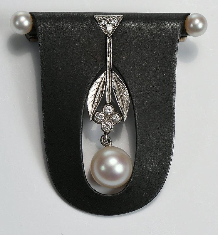 Palladium Steel, Pearl and Diamond Brooch: seven round brilliant diamonds, one pearl approx. 8mm, two pearls approx. 4.6mm each, palladium, blackened steel, 1-9/16 x 1-1/2 in., 10.2 grams, with appraisal - Provenance: Private Estate, Louisvill
