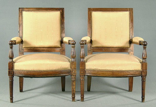 Pair French walnut upholstered armchairs