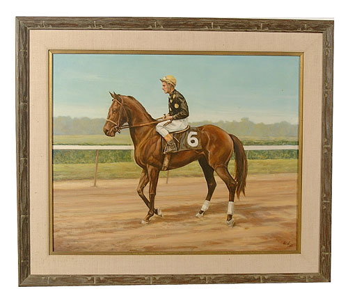 Oil on canvas, horse and jockey on track