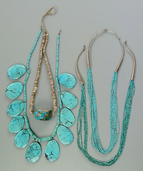 Four turquoise necklaces: large nugget o