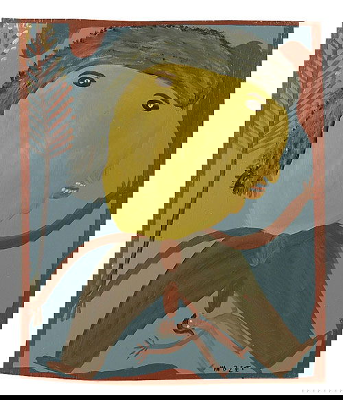 House paint on plywood, titled verso "Jo: House paint on plywood, titled verso "John Duvall candy man under the coconut tree, painted 2-1-88," signed lower right and verso "Mose T" (Mose Tolliver, Montgomery, Alabama, born 1919, varnished sur