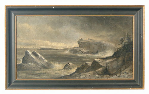 Oil on canvas, rocky coastal scene, sign