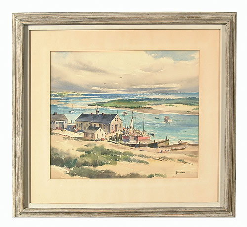 Watercolor, inlet scene with fishing ves