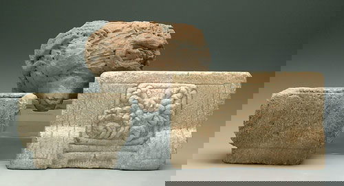 Three architectural garden elements: foo: Three architectural garden elements: footed bowl, carved dragon decoration, large rim repair, 9 x 13-1/2"; vessel, 6-1/2 x 10 x 7"; tablet with floral decoration, large repair, 9-1/2 x 15 x 4-1/2"