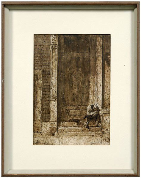 Harry Allen Davis watercolor: Harry Allen Davis watercolor (Indiana, 1914-2006), "Indiana Ave, Sunday Morning", signed lower right "Harry A. Davis 73", watercolor and ink on paper, 14-1/2 x 11-1/4 in.; modern wood frame. Tacked at