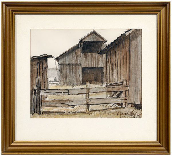 Harry Allen Davis watercolor: Harry Allen Davis watercolor (Indiana/Tennessee, 1914-2006), "Basil Maltzberger's Mother's barn, Washington Co., Tennessee", signed lower right "Harry A. Davis '74", watercolor and ink on paper, 10-1/