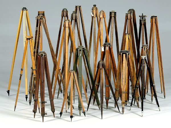25 tripods: 25 tripods for transits, compasses, plane tables or other instruments: 16 fixed leg, 9 adjustable, two Berger, three Gurley, four K&E, 16 unknown; detailed descriptions not available for this lot. All