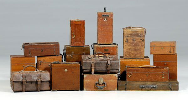 17 wood and leather cases: 17 wood and leather cases for various instruments: five Gurley, one Buff, one K&E, one Berger with leather cover, eight unidentified wooden, one unidentified leather cover, detailed descriptions not a