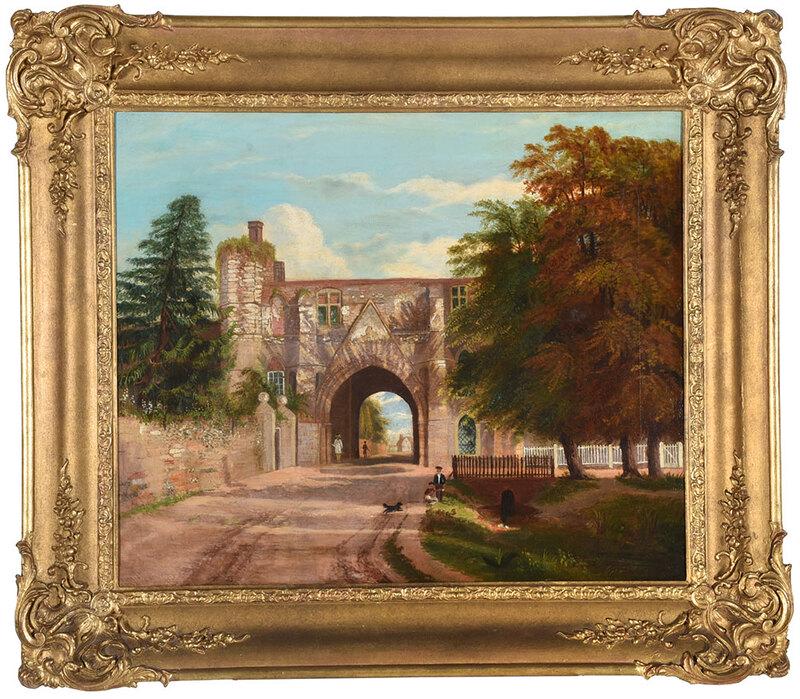 British School Painting: (19th century)Gateway Into Town, unsigned, oil on canvas, 25-1/8 x 30-3/8 in.; gilt wood and composition frame, 34 x 39-1/2 in., Provenance: Dixon Dixon, Atlanta, Georgia; Private Charlotte Collection