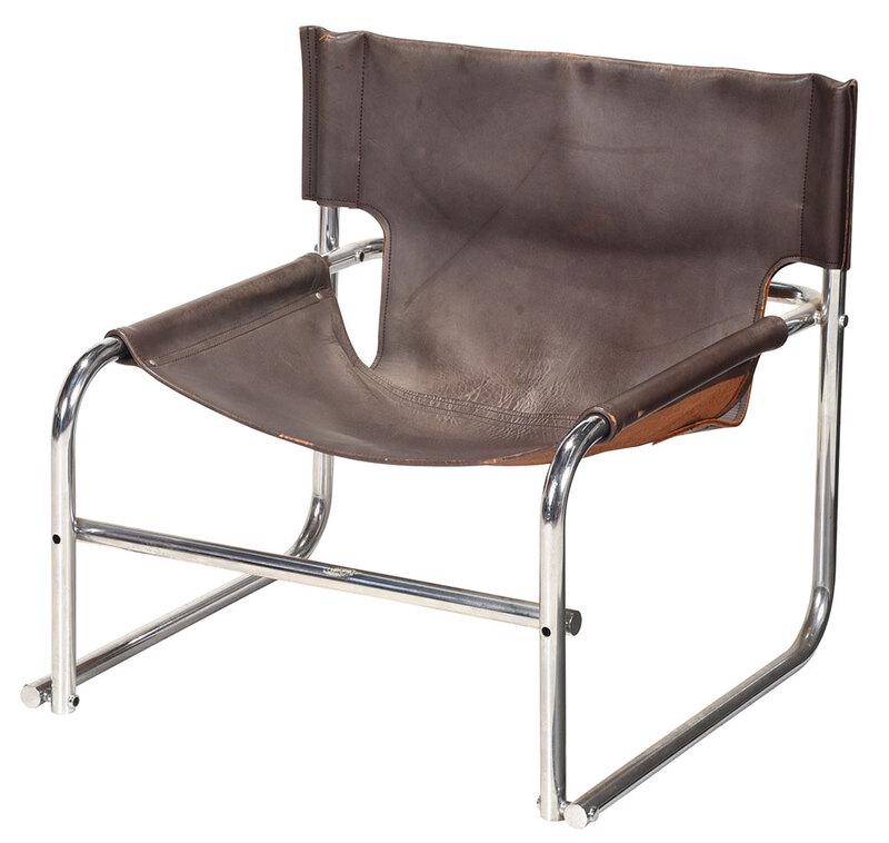 Modern Chrome and Leather Chair: seat with label "OMK Furniture, England", brown leather upholstery with chromed tubular frame, 28 x 30 x 29 in., Provenance: Property from the Collection of the Late Parker B. Poe, Thomasville, Georgi
