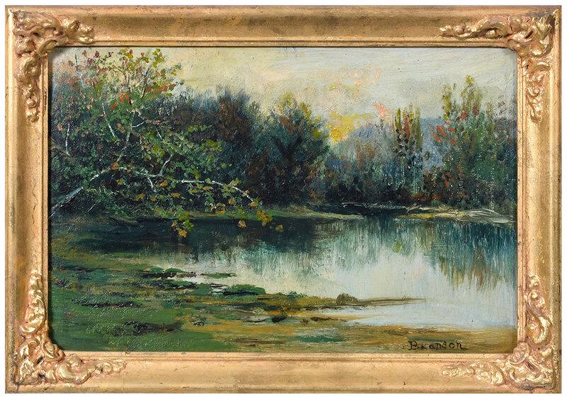 American School: Sunset Landscape, signed lower right "Branson", oil on canvas board, 12 x 18 in.; molded gilt frame with leaf scroll borders, 14-1/2 x 20-1/2 in., Provenance: Estate of Aubrey Hancock, Charleston, Sou