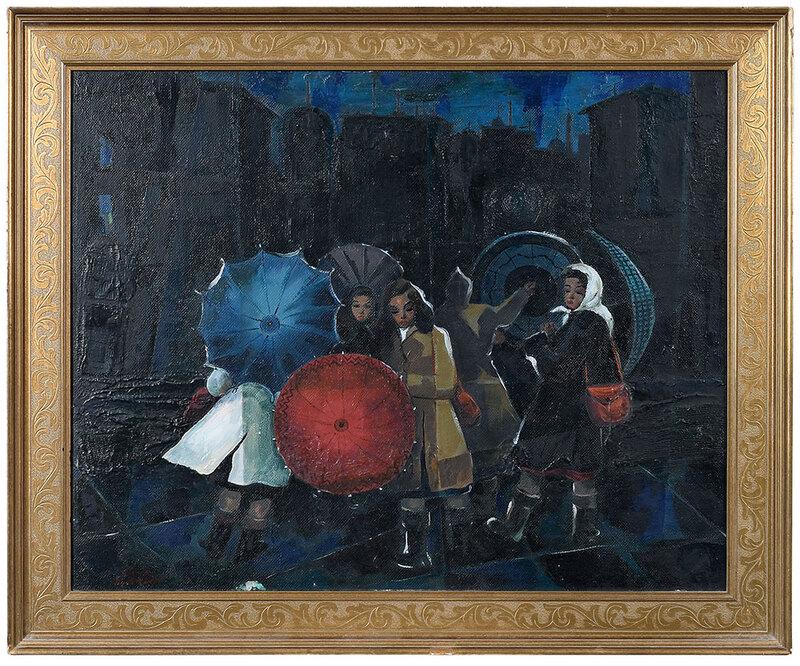 James Carlin: (New Jersey,ÿ1906-2005)Colored Rain, signed lower left "James/Carlin", oil on Masonite, 23-3/4 x 30-1/4 in.; gilt wood panel frame, 29 x 35 in., Provenance: