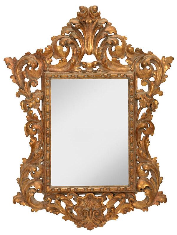 Baroque Style Carved and Giltwood Mirror: probably Italian, late 20th century, boldly carved and gilt frame centering a beveled mirror plate, 45 x 34-1/2 in., Provenance: A Shenandoah Valley Estate