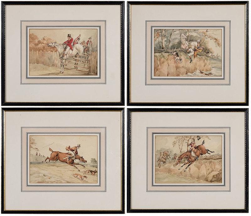 Attributed to Samuel Henry Alken: (British, 1810-1894)Four fox hunting mishaps: Full Cry, Taking the Gate, Thrown Out, Clearing the Fence, unsigned, watercolor, 7-1/2 x 10-1/2 in.; matching painted wood frames, 15-5/8 x 18-3/8 in., Pr