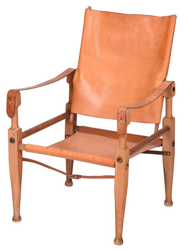 Modern Leather Upholstered Beechwood Campaign Chair: circa 1970's, brown leather upholstery, rotating back, 33-1/2 x 22 x 21-1/2 in., Provenance: Property from the Collection of the Late Parker B. Poe, Thomasville, Georgia, now the Property of the Thoma