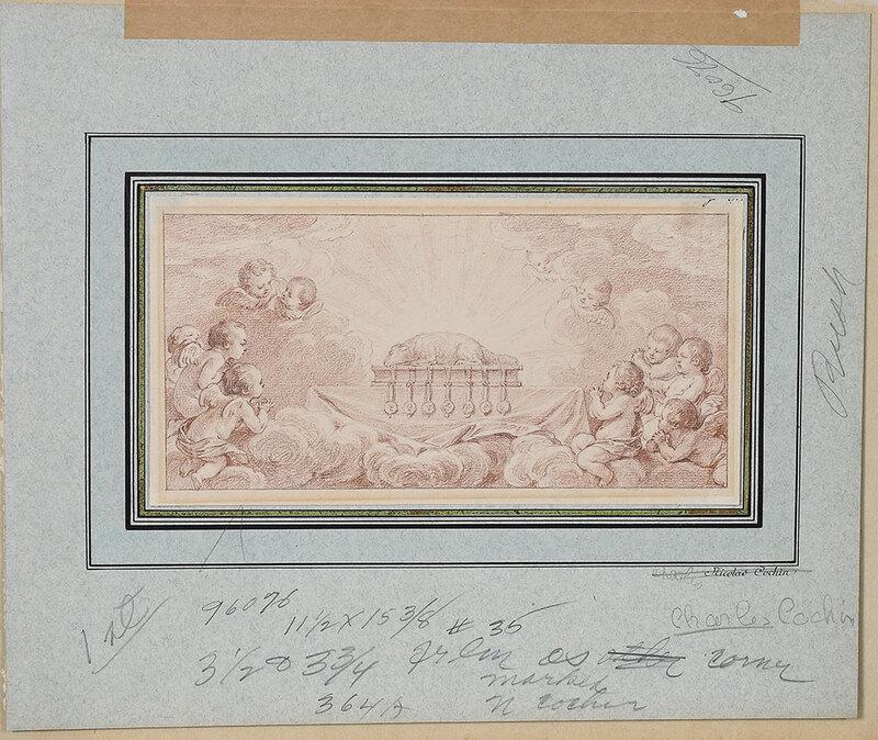 Attributed to Charles Nicolas Cochin the Younger: (French, 1715-1790)Worthy is the Lamb (Revelation 5:9), unsigned, sanguine on laid paper, 4-1/2 x 8-5/8 in.; gilt wood frame, 12-1/8 x 16-1/8 in.Note: "You are worthy to take the scroll and to open it