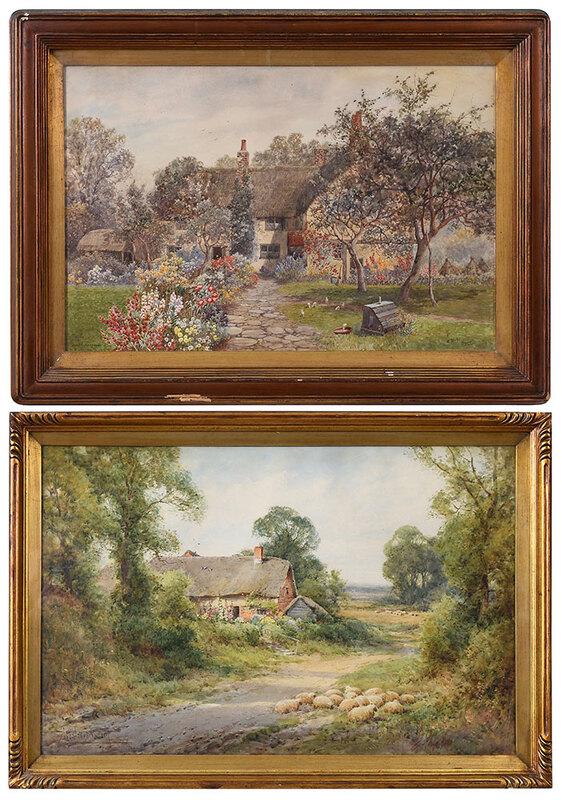 Two British Watercolors: (early 20th century)James Matthews (active 1880-1930), Cottage Garden, signed lower left "James Matthews.",sight 13-3/8 x 20-5/8 in.; Sheep Resting by a Cottage, signed lower left "Hay Ivester Stewart