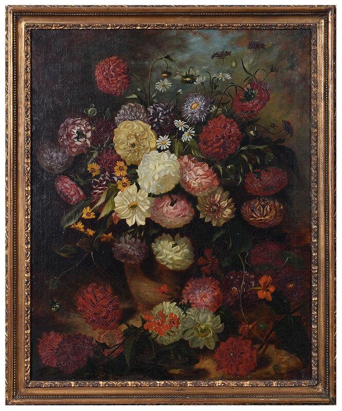 American School: (19th century)Flemish Style Floral Still Life with Nasturtium, unsigned, oil on canvas, 32 x 25-3/4 in.; fine Foster Brothers (label verso) carved gilt wood frame, 36-1/4 x 29-1/2 in., Provenance: Est