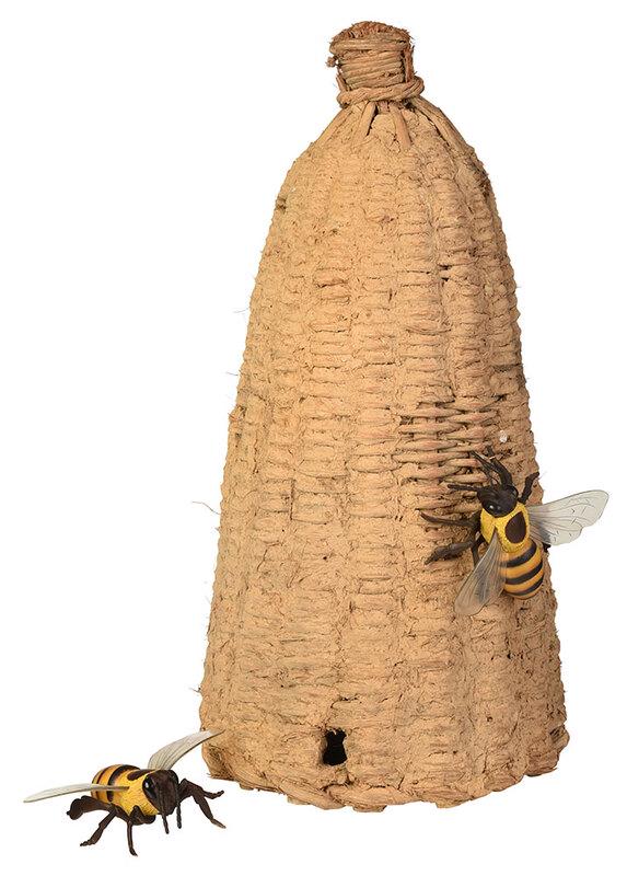 Bee Skep with Mud Packed Straw: early 20th century, tall conical vine woven with vertical bentwood stiles, opening at bottom and tied knob at top, with two later plastic decorative bees, 24 in., Provenance: A North Carolina Private 