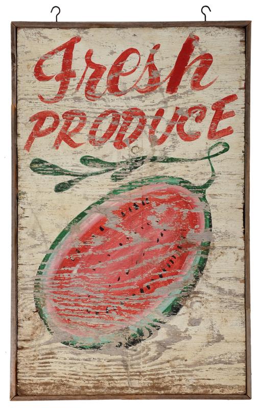 American Hand Painted Produce Sign: 19th/20th century, white, red, and green paint decoratedÿ wood sign, marked "Fresh Produce", two metal hook hanging attachments, 49-1/4 x 31-3/4 in., Provenance: A North Carolina Private Collection
