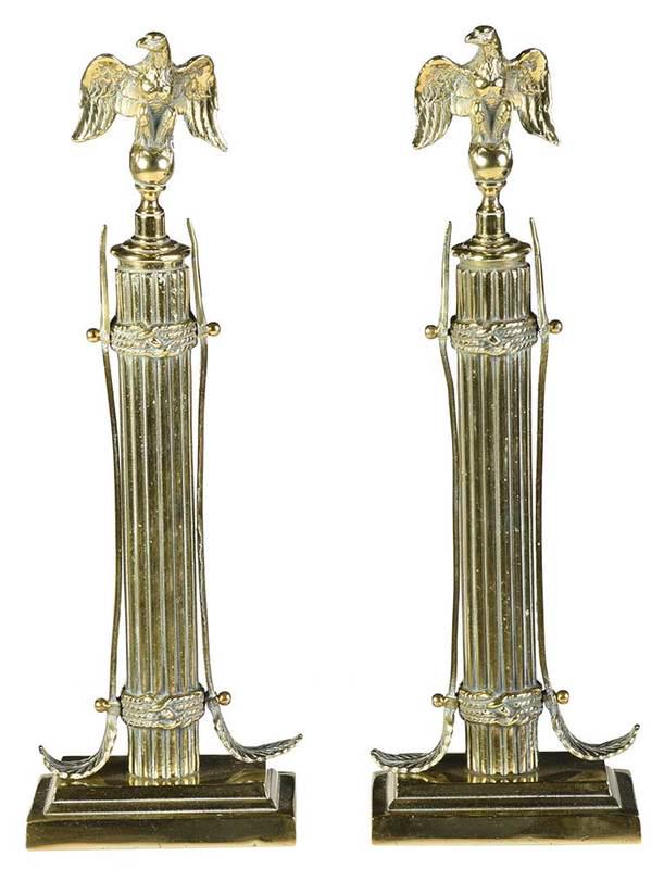 Pair Brass Eagle Andiron Finials: 20th century, perched eagle finials on fluted columns and flanked by feathered arrows, impressed on bases "051J, 17 in., Provenance: Collection from an Important American Family