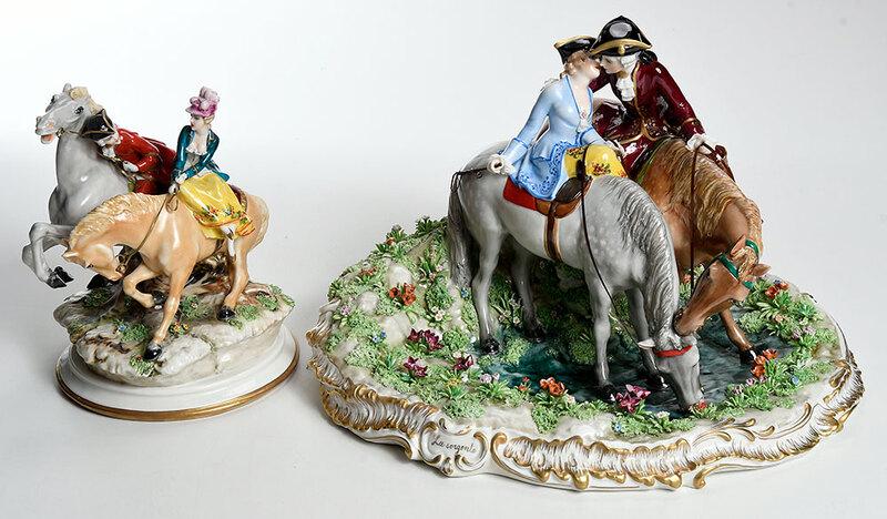 Two Luigi Fabris Porcelain Figural Groups: Italian, 20th century, Lovers on Horses, signed "Fabris 294", 10-3/4 x 16 in; Lovers Riding, signed "Fabris", 10 x 7-1/2 in., Provenance: Vilda B. de Ponna, Palm Beach, Florida, 2002, purchased for $4