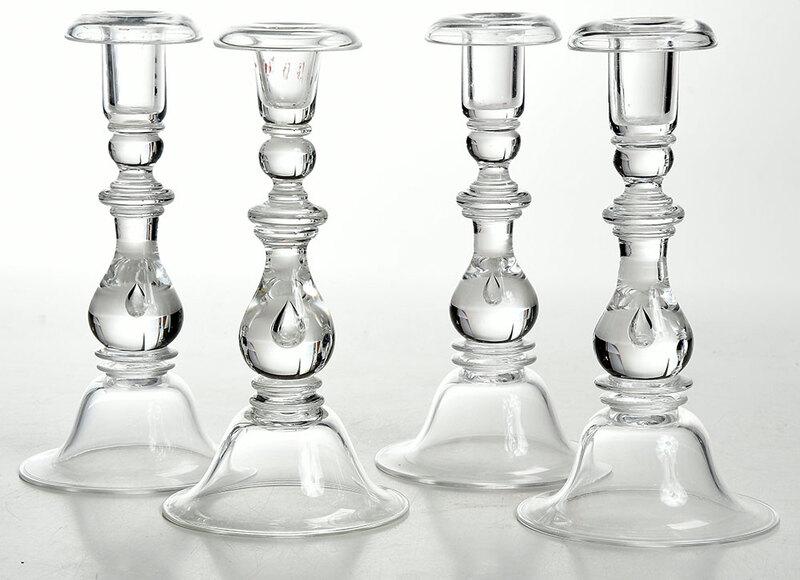 Four Steuben Clear Glass Candlesticks: American, 20th century, large bell form bases, marked "Steuben" on bases, with protective felt bags, 9 in., Provenance: Provenance: Property of Twin Oaks Plantation, Thomasville, Georgia