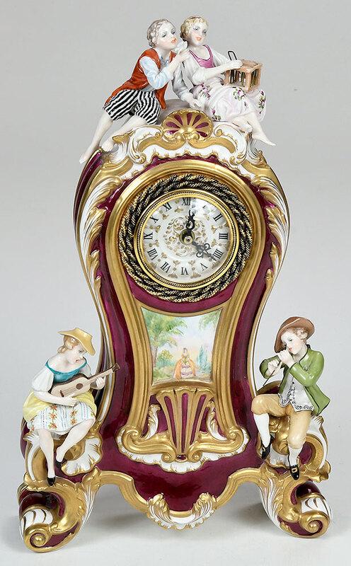 Luigi Fabris Porcelain Mantel Clock: Italian, 20th century, signed on base "Fabris / 864/4" with anchor, battery operated, 18 in., Provenance: Private Charlotte Collection