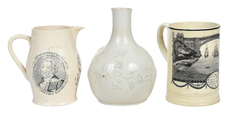 Three Pieces of Decorated British Pottery: British, 18th/early 19th century,ÿStaffordshire salt glazed stoneware vase with relief decoration in the "Liver Birds" motif with leaves and floral clusters, label attached to base, 7 in.; creamware