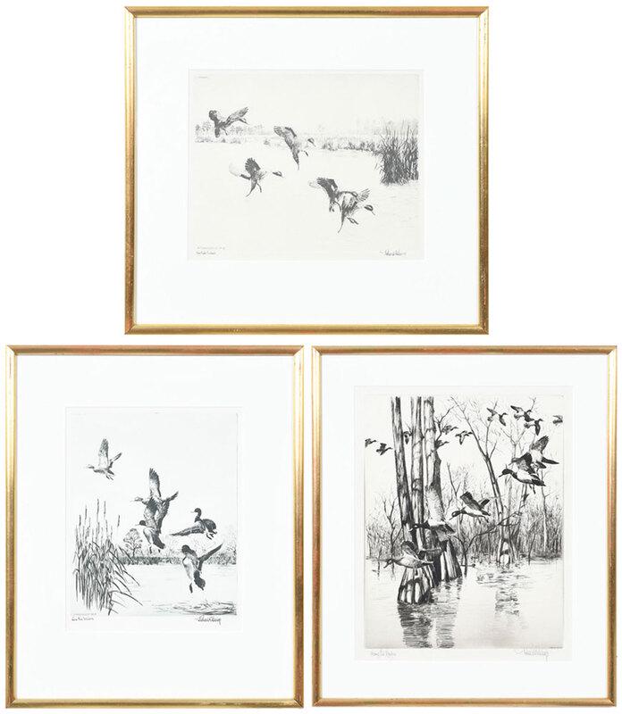 Richard Evett Bishop: (Pennsylvania, 1887-1975)Three duck prints: Along the Bayou, plate 13-7/8 x 10-7/8 in.; Rice Field Pintails. 7-7/8 x 10 in.; Lake Erie Mallards, plate 9-1/2 x 7-3/4 in., each signed lower right "Richa