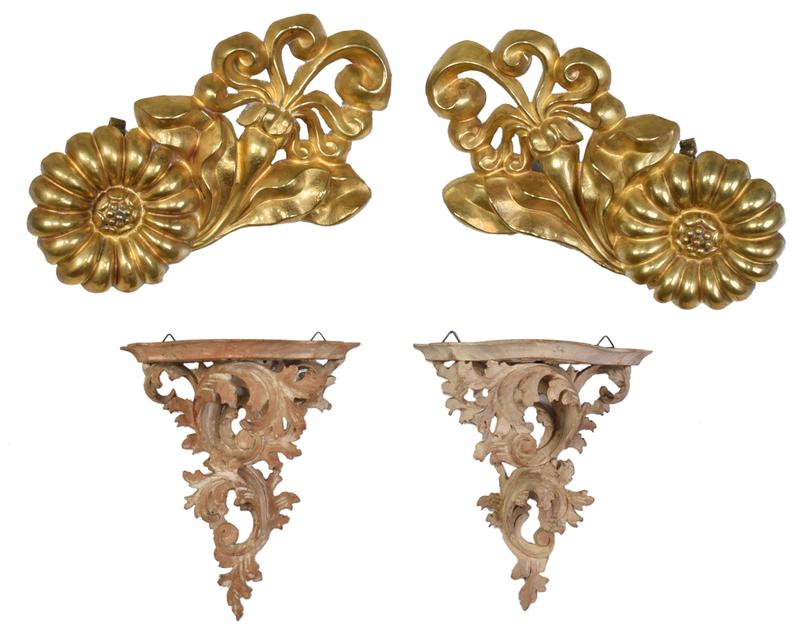 Pair Carved Wall Brackets, Two Curtain Tie Backs: 20th century, pickled wood in scrolled foliate design, 9-3/4 in.; brass flower form tie backs, 13 in., Provenance: Collection from an Important American Family