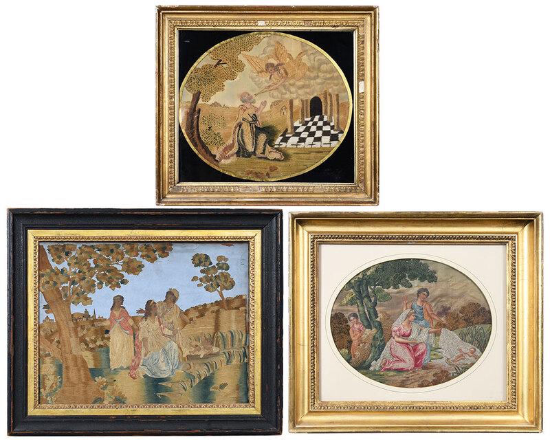 Three Biblical Silk and Watercolor Embroideries: three Biblical scenes: probably British, 19th century, depiction of angel feeding a kneeling man a wafer, silk chenille, wool, watercolor on silk, 16-1/4 in.; eglomise mat, gilt composite frame, 18-1/