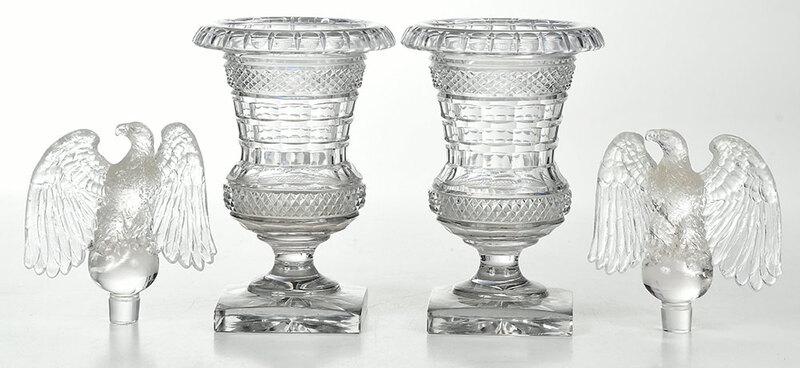 Two Pairs of Cut and Molded Glass Table Objects: British/Continental, 19th century, pair of molded glass finials for candlesticks, eagle form, 5-1/4 in.; pair of Anglo Irish cut glass urns, diamond bands, square bases with star, 7-3/4 in., Provenanc