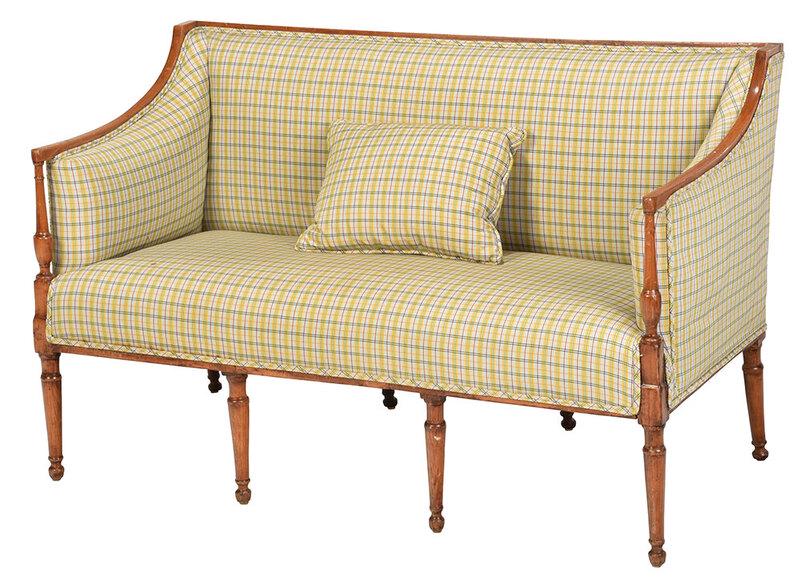 Sheraton Beech Wood and Plaid Upholstered Settee: British, early 19th century, beech wood frame with turned arm supports and legs, set with plaid upholstery and loose cushion, 32-1/2 x 50 x 24 in., Provenance: A Shenandoah Valley Estate