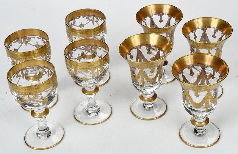 Set of Eight Gilt Decorated Interglass Stems: Italian, 21st century, handmade by Interglass Italia, four 6-3/8 in. stems; four 6-1/4 in. stems; with thick gilt borders and incised swag designsÿ, Provenance: Estate of James E. Meyer, Charlotte, N