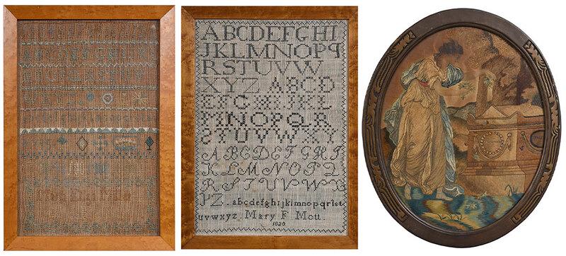 Mott, Moore Family Sampler and Books: American, mostly 19th century, including cross stitch sampler signed "Mary F. Mott 1820", 16 x 11-1/2 in. (sight), later wood frame; small needlework signed "Mary Eliza Miller Aged 11 Years", 12 x 7-1
