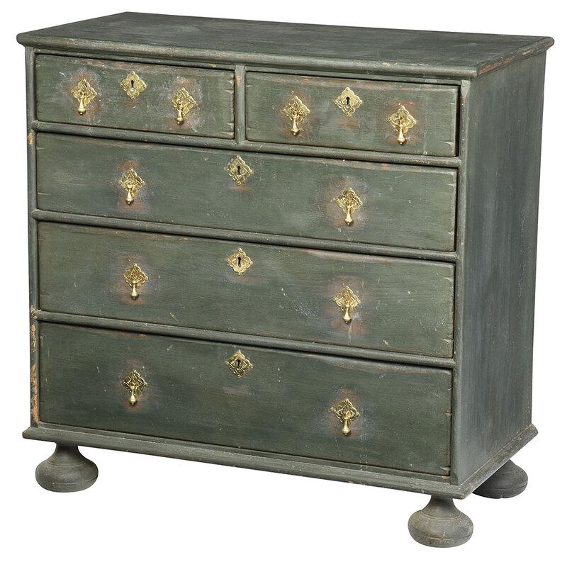 William and Mary Style Five Drawer Chest: modern construction by L. Sawyer co., Chesapeake, Virginia, pine construction with dovetailed drawers, bun feet, distressed blue green painted surface, engraved brass drawer pulls and escutcheons, 35-