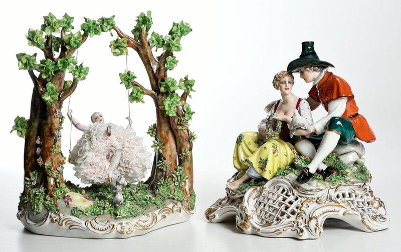 Two Luigi Fabris Porcelain Figural Groups: Italian, 20th century, both signed "Fabris", Lovers with Dove, 11-1/2 x 11 in.; Beauty on Swing, 12-1/2 x 10 in., Provenance: Vilda B. de Ponna, Palm Beach, Florida, 2002 purchased for $2,063 and $3,3