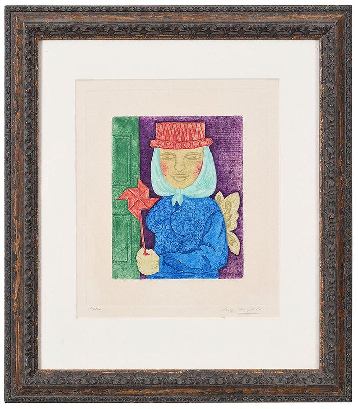Luis Alberto Solari: (Uruguayan, 1918-1993)Fairy Folk Figure, edition 134/200, signed lower right in pencil "Luis A.Solari", color engraving, plate 9-3/8 x 7-5/8 in.; distressed wood frame, 23-1/8 x 20-1/4 in., Provenance