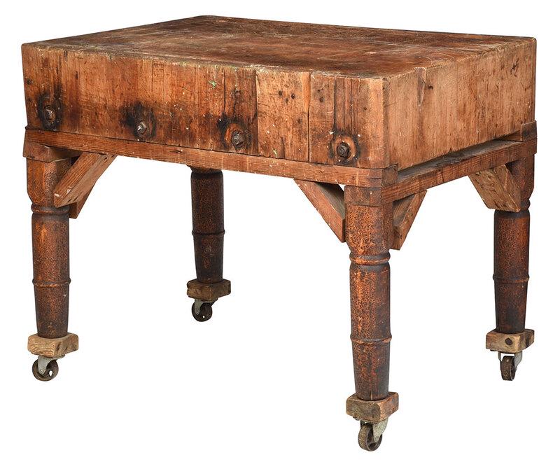 Large Vintage Maple Butcher Block: deep rectangular form set on turned legs with casters, 34-1/2 x 41 x 29-1/2 in., Provenance: Estate of James Frank Dennis, High Point, North Carolina