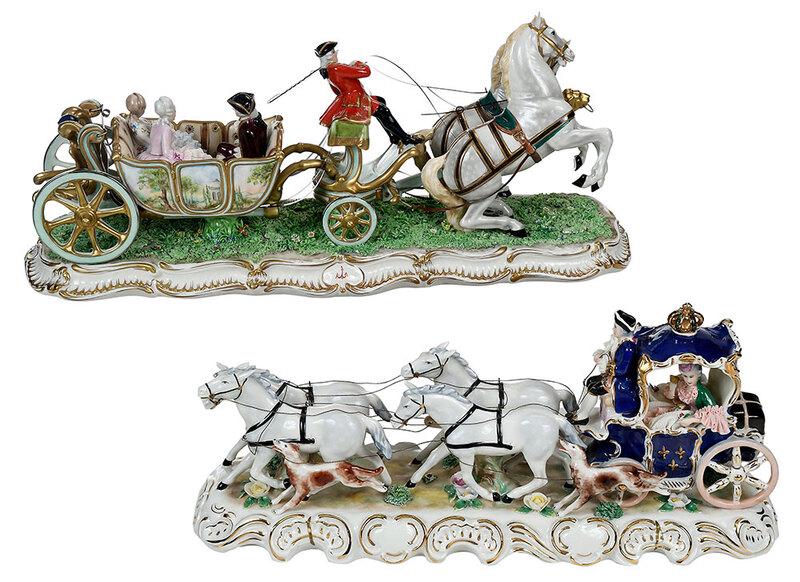 Two Porcelain Horse and Carriage Figural Groups: Continental, 19th/20th century, Capodimonte figural group with rearing horses pulling an open top carriage with three figures, situated on a naturalistic base with applied flowers, gilt accents, marke