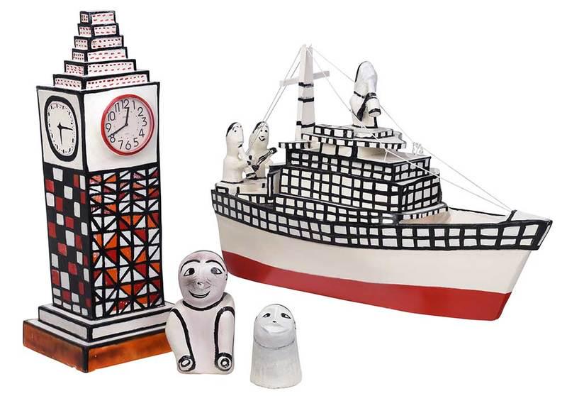 Hubert Walters: (North Carolina, 1931-2008)Steamship, Clock and 2 Heads, unsigned, resin over wood with paint, unsigned, boat 50 x 35 in., clock 48 in. tall, Provenance: A Corporate Collection