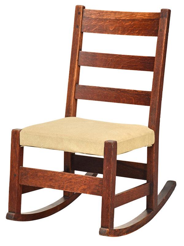 L. & G.J. Stickley Arts and Crafts Rocking Chair: American, early 20th century, oak throughout with three slat back, red decal, modern suede upholstery, 30 in., Provenance: Private Collection