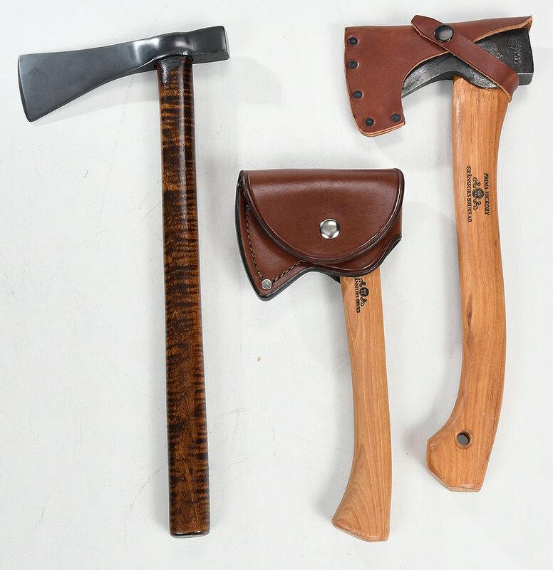 Two Swedish Hatchets, One Other: small hatchet, Gransfors Bruks, by Lennart Pettersson, head marked "LP", with leather sheath, 10-1/4 in. (with handle); wildlife hatchet, Gransfors Bruks, head marked "MM", handle "Prima Hickory", wit