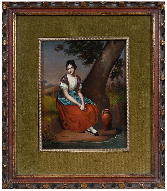 Continental School Painting: (19th/20th century)Water Gatherer, unsigned, oil on tin, 6-1/4 x 5 in.; chip carved frame, 10-1/2 x 9-1/8 in., Provenance: A Shenandoah Valley Estate