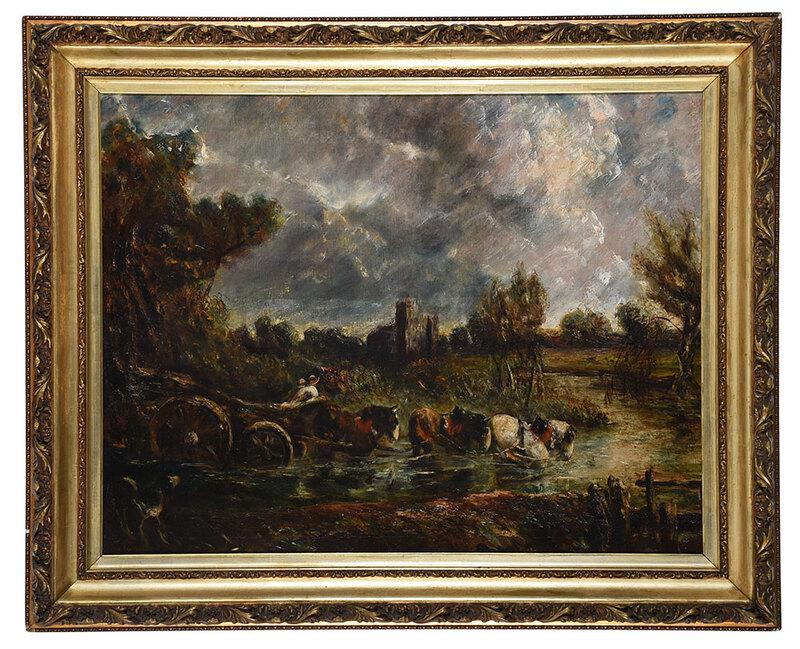 Follower of John Constable: (British, 1776?1837)River Crossing, unsigned, oil on canvas, 36 x 48 in.; gilt wood and composition frame, 44 x 54-1/4 in., Provenance: Atlanta, Georgia Collection; Private South Carolina Collection